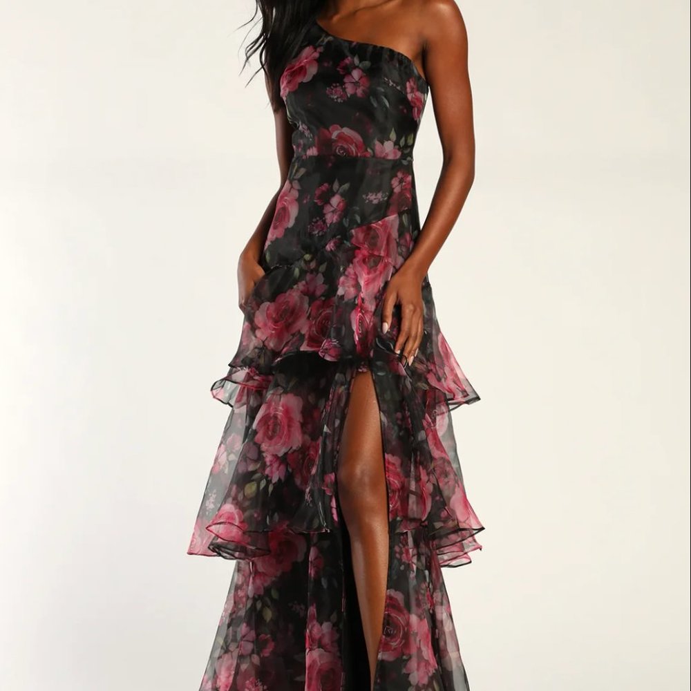 Regal Florals Black Floral Print Organza Tiered Maxi Dress